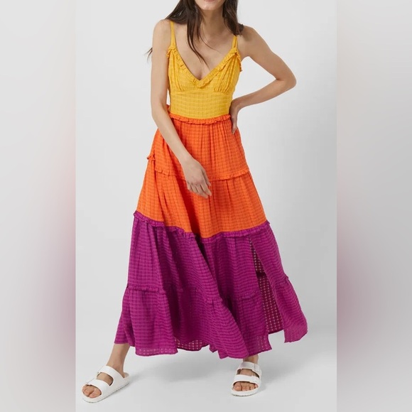 French Connection Adira Birch Tiered Maxi Dress. Size 4. Yellow orange, purple - Picture 3 of 16